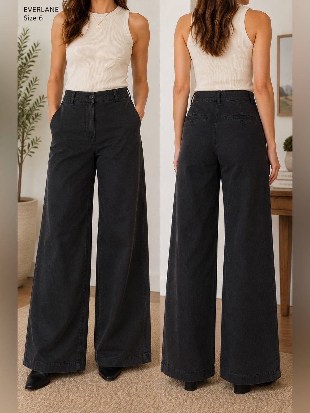 Everlane Womens 6 Organic Cotton Wide Leg Pants Black Minimalist baggy - Picture 1 of 14